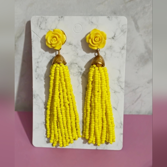 Yellow Rose Beaded Tassel Drop Earrings - Picture 11 of 14